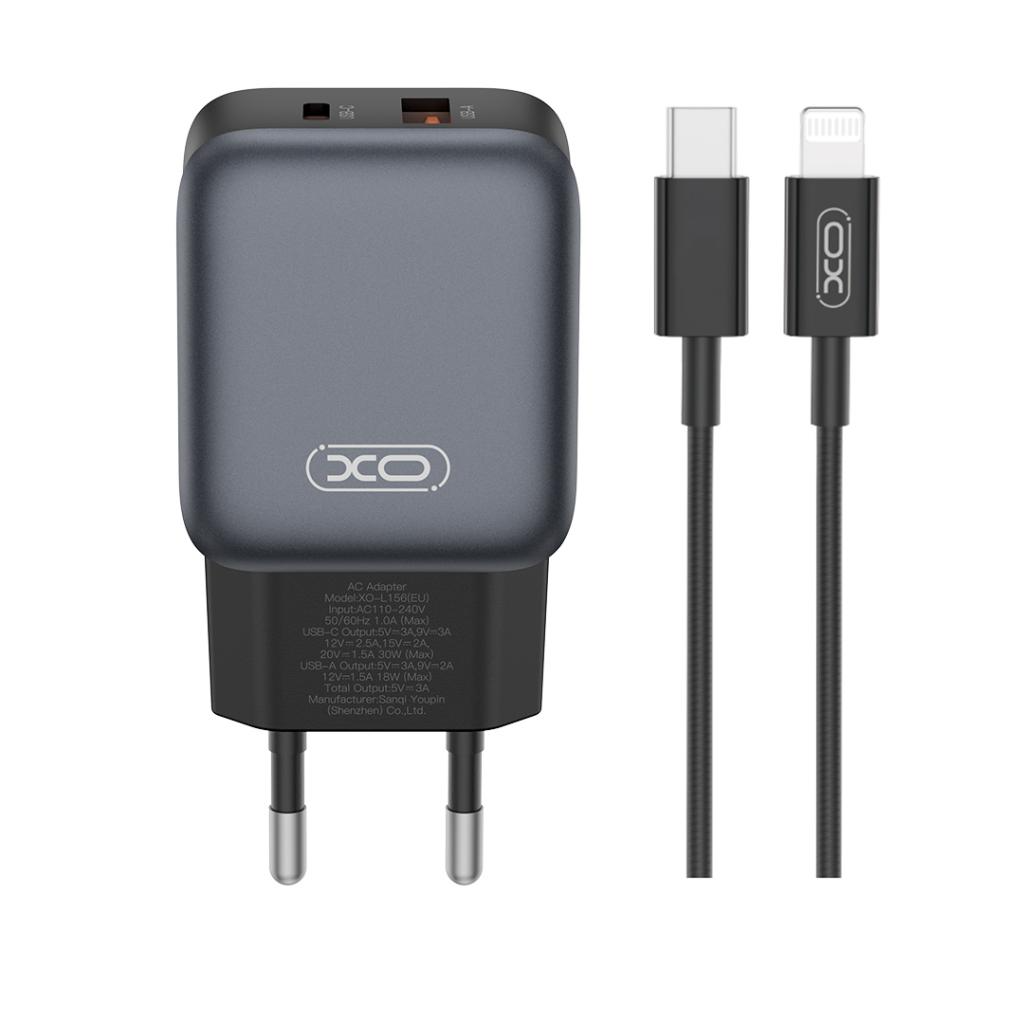Ładowarka sieciowa z kablem Lightning XO Design L156, 30W, 3A, 1 x USB-A - 1 x USB-C, Czarny