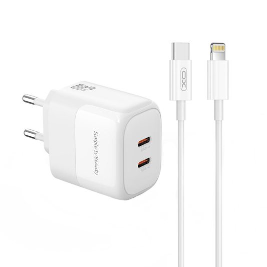 Ładowarka sieciowa z kablem Lightning XO Design L140, 35W, 3A, 2 x USB-C, Biała