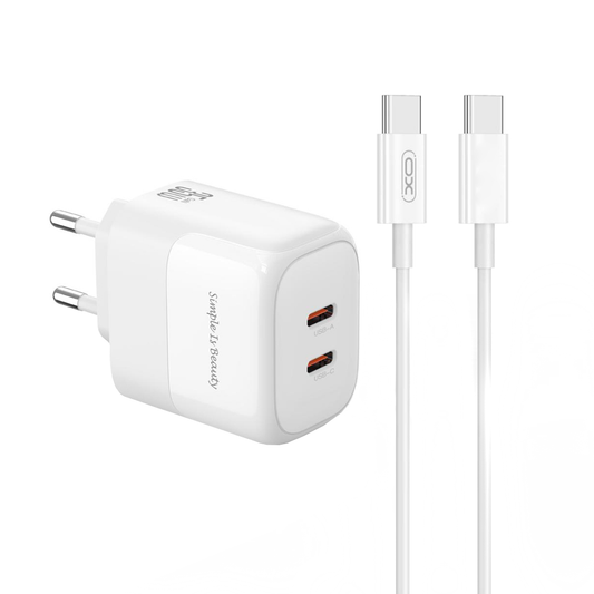 Ładowarka sieciowa z kablem USB-C XO Design L140, 35W, 3A, 2 x USB-C, Biała