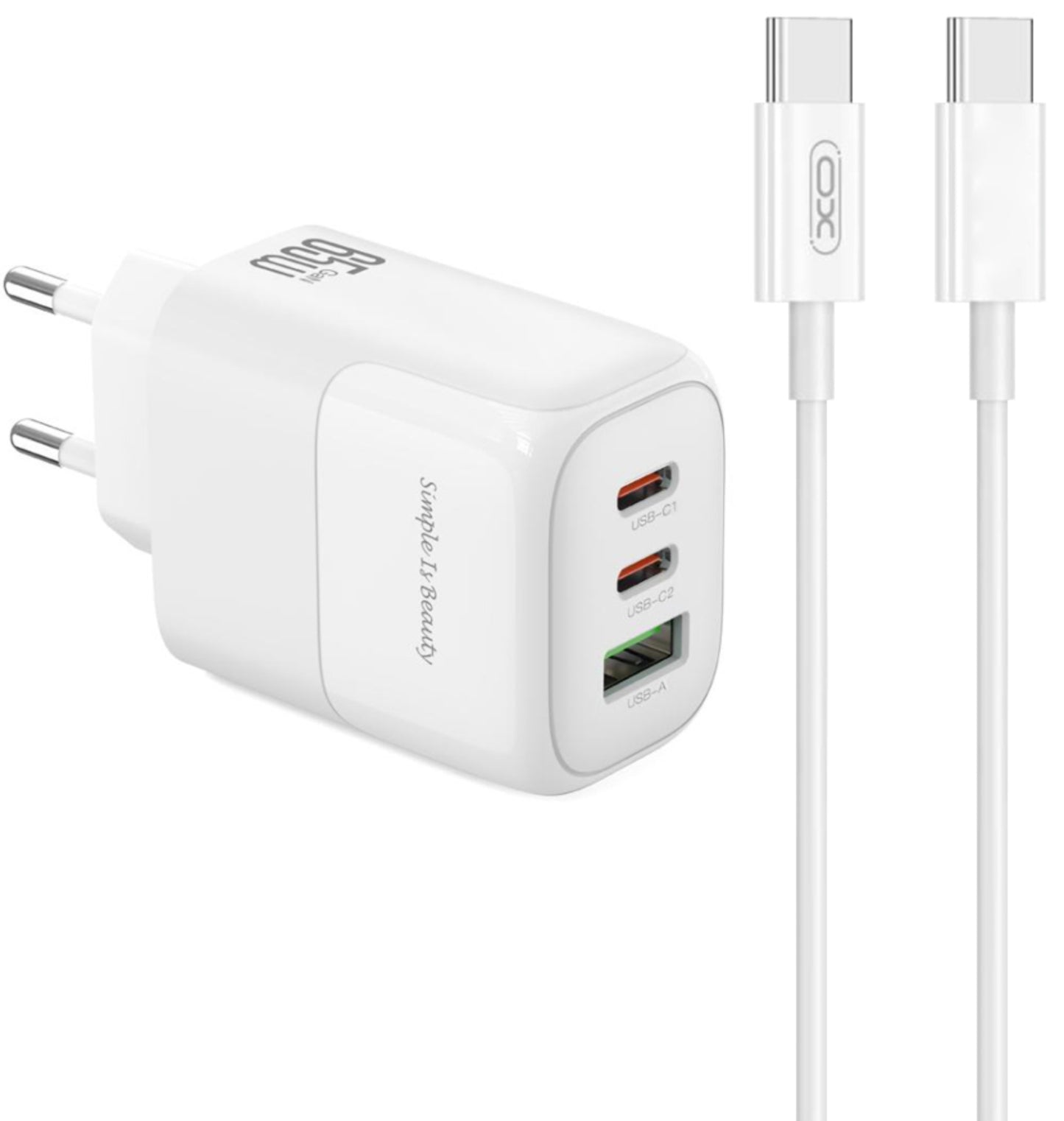 Ładowarka sieciowa z kablem USB-C XO Design L139, 65W, 4.5A, 1 x USB-A - 2 x USB-C, Biała