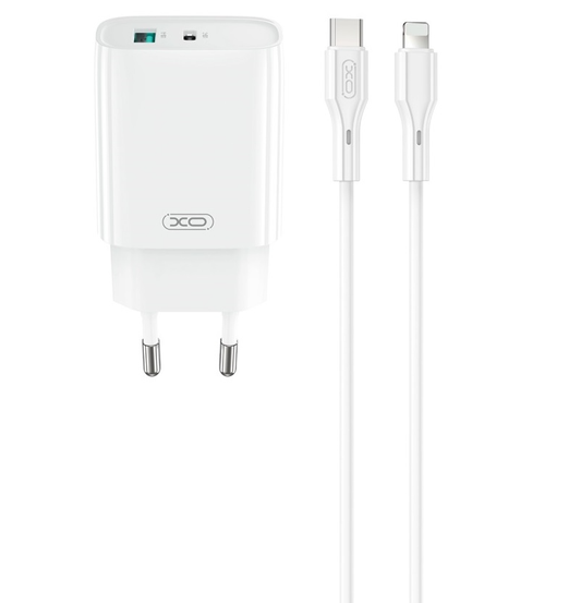 Ładowarka sieciowa z kablem Lightning XO Design CE30, 30W, 3A, 1 x USB-A - 1 x USB-C, Biała