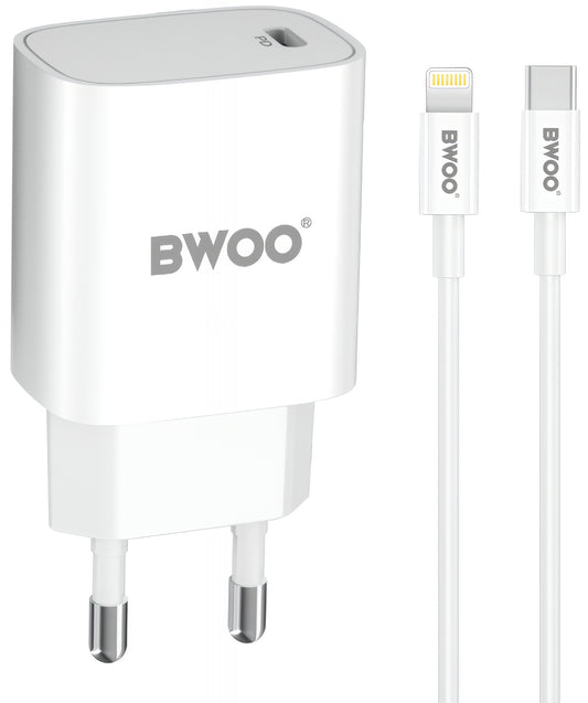 Ładowarka sieciowa z kablem Lightning BWOO CDA159, 20W, 3A, 1 x USB-C, Biała