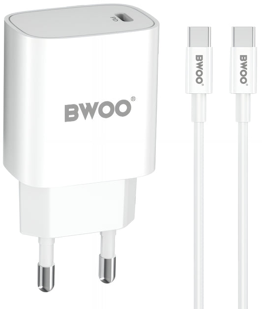 Ładowarka sieciowa z kablem USB-C BWOO CDA159, 20W, 3A, 1 x USB-C, Biała