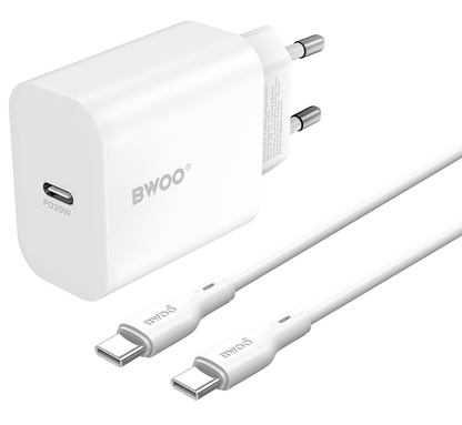 Ładowarka sieciowa z kablem USB-C BWOO CDA233, 20W, 3A, 1 x USB-C, Biała