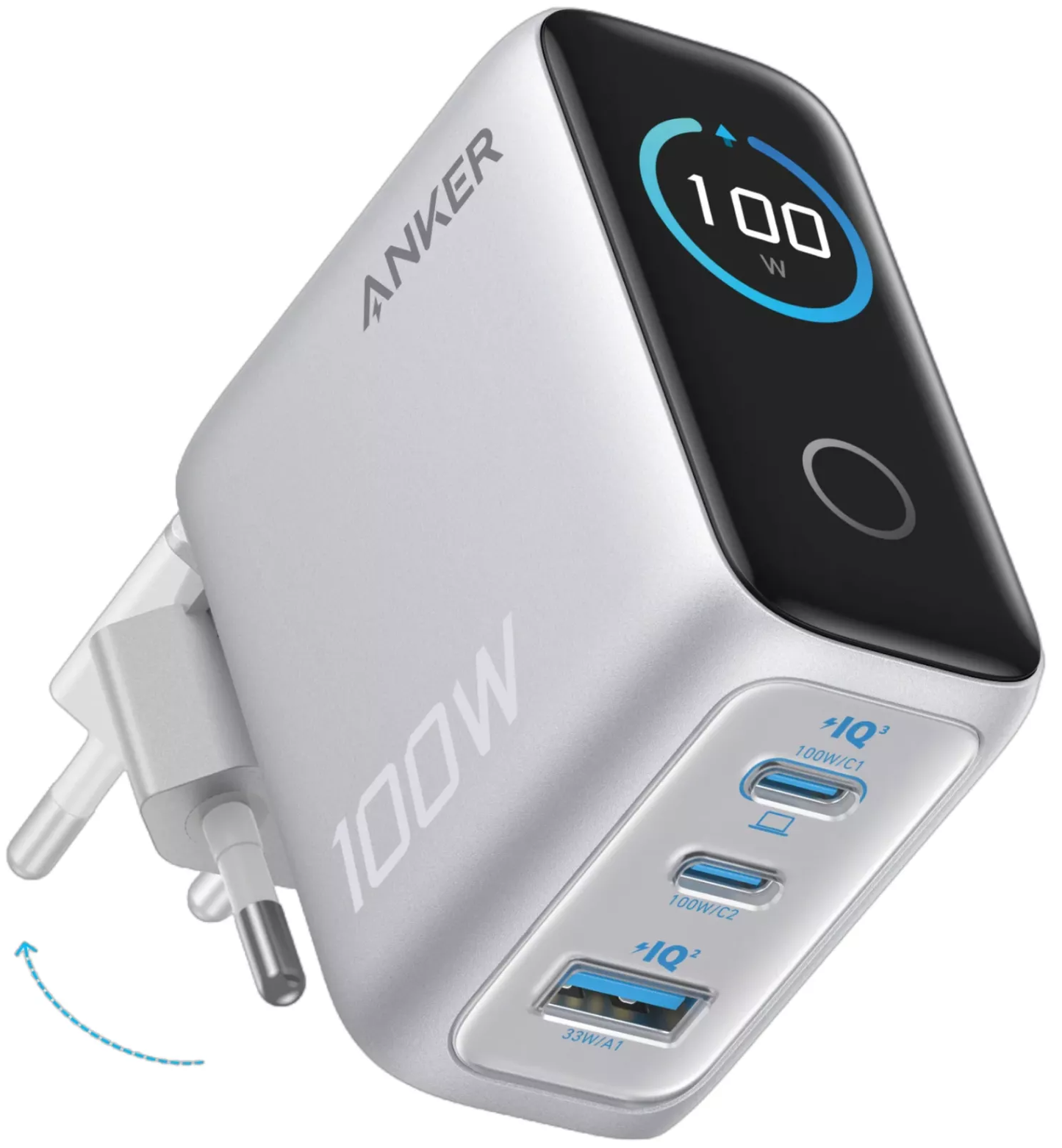 Ładowarka sieciowa z kablem USB-C Anker Smart Display, 100W, 5A, 1 x USB-A - 2 x USB-C, Srebrna B121BG41