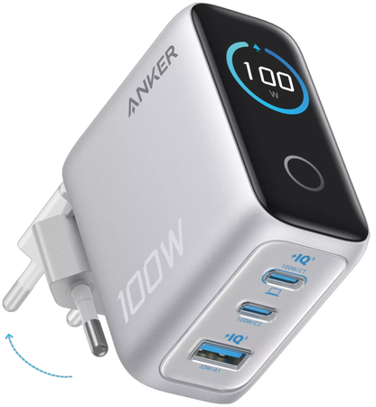 Ładowarka sieciowa z kablem USB-C Anker Smart Display, 100W, 5A, 1 x USB-A - 2 x USB-C, Srebrna B121BG41