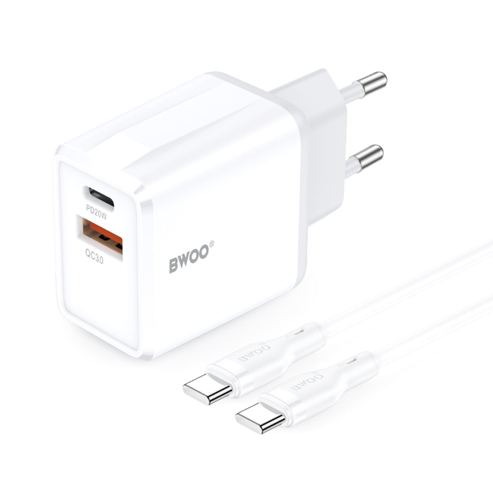 Ładowarka sieciowa z kablem USB-C BWOO CDA182, 38W, 3A, 1 x USB-A - 1 x USB-C, Biała