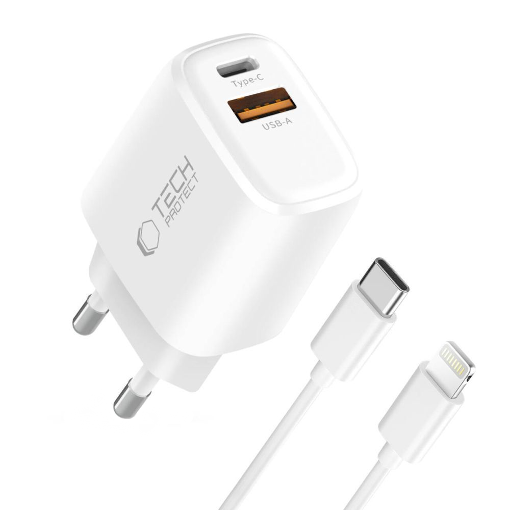 Ładowarka sieciowa z kablem Lightning Tech-Protect NCA20, 20W, 3A, 1 x USB-A - 1 x USB-C, biały