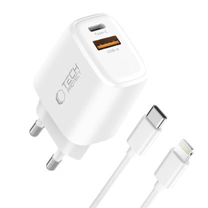 Ładowarka sieciowa z kablem Lightning Tech-Protect NCA20, 20W, 3A, 1 x USB-A - 1 x USB-C, biały