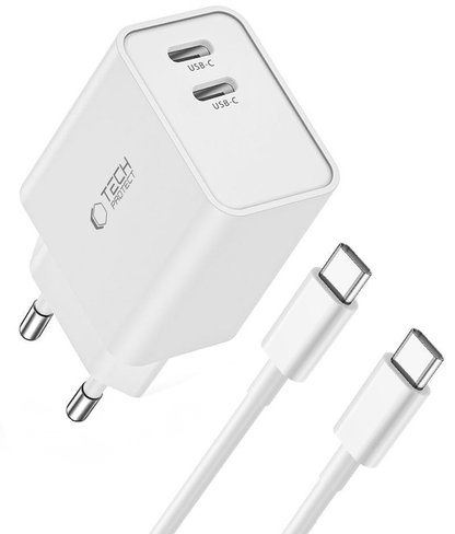 Tech-Protect C35W USB-C Cable Wall Charger, 35W, 3A, 2 x USB-C, White