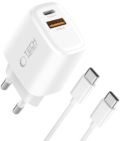 Ładowarka sieciowa z kablem USB-C Tech-Protect NCA20, 20W, 3A, 1 x USB-A - 1 x USB-C, biały
