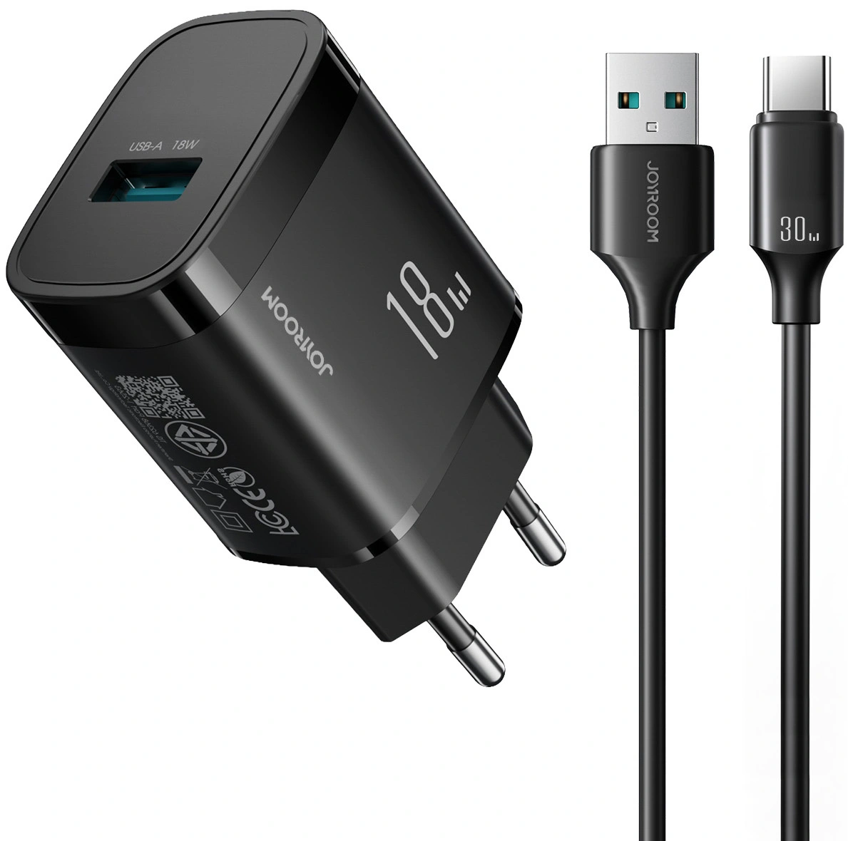 Ładowarka sieciowa z kablem USB-C Joyroom JR-TF4, 18W, 3A, 1 x USB-A, czarna