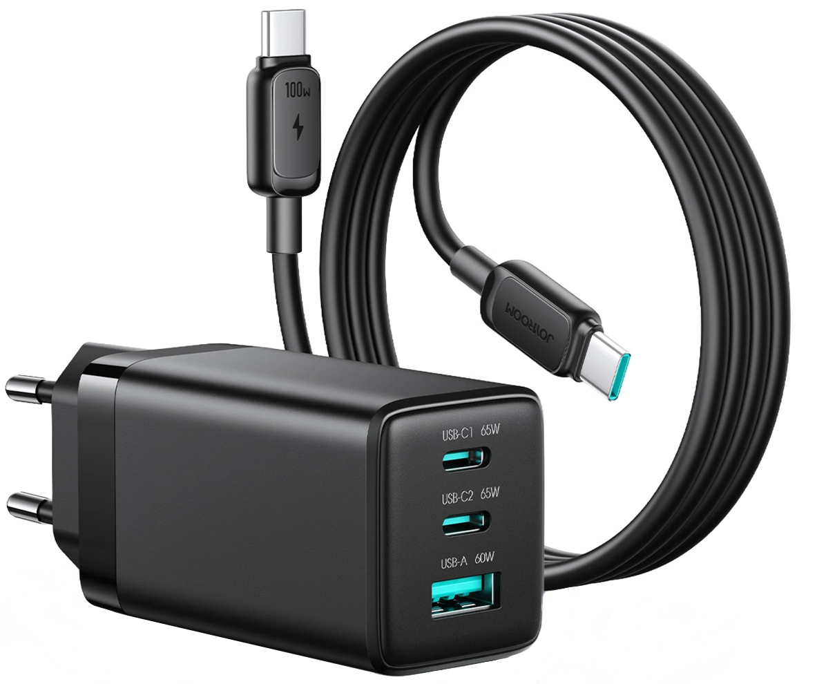 Ładowarka sieciowa z kablem USB-C Joyroom JR-TG10, 65W, 3,25A, 1 x USB-A - 2 x USB-C, czarna