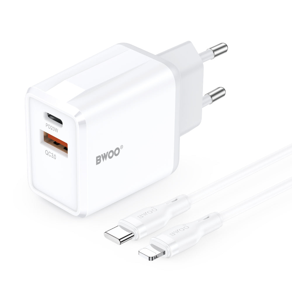Ładowarka sieciowa z kablem Lightning BWOO CDA182, 38W, 3A, 1 x USB-A - 1 x USB-C, biały