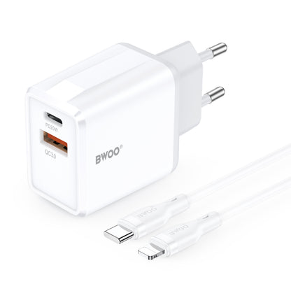 Ładowarka sieciowa z kablem Lightning BWOO CDA182, 38W, 3A, 1 x USB-A - 1 x USB-C, biały