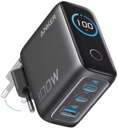 Anker Smart Display USB-C Cable Wall Charger, 100W, 5A, 1 x USB-A - 2 x USB-C, Gray, Refurbished B121BGZ1