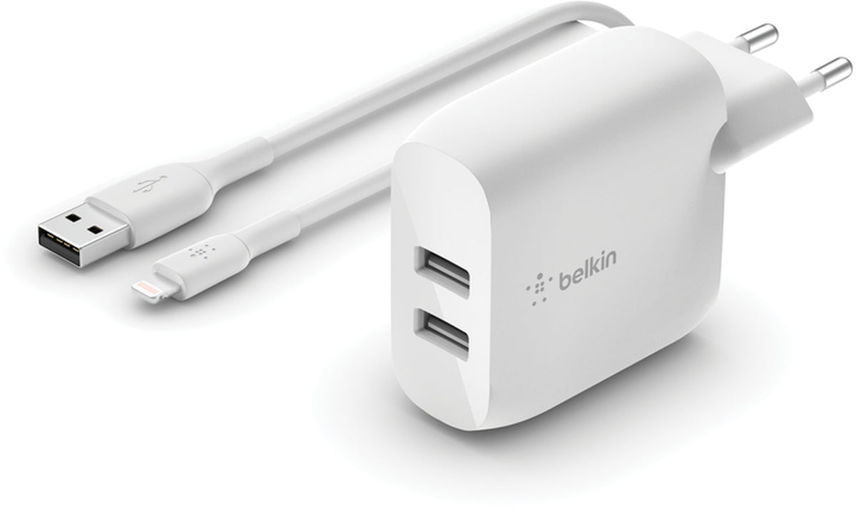 Ładowarka sieciowa z kablem USB-C Belkin BoostCharge Dual, 24W, 2.4A, 2 x USB-A, biała WCE001vf1MWH