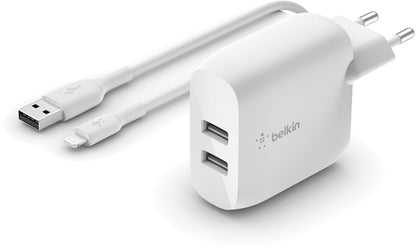Ładowarka sieciowa z kablem USB-C Belkin BoostCharge Dual, 24W, 2.4A, 2 x USB-A, biała WCE001vf1MWH