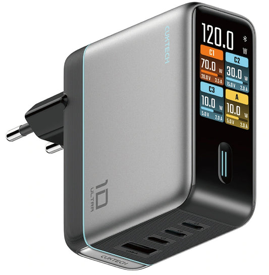 Ładowarka sieciowa z kablem USB-C Cuktech AD1204U Display, 120W, 6A, 1 x USB-A - 2 x USB-C, Srebrny