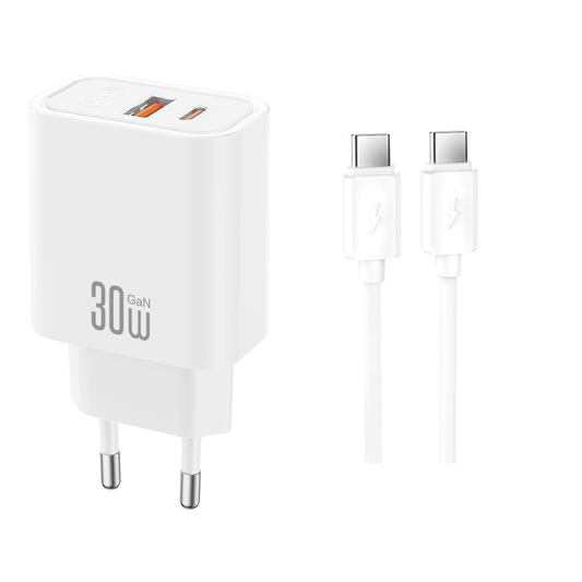 XO Design CE42 USB-C Cable Wall Charger, 30W, 3A, 1 x USB-A - 1 x USB-C, White