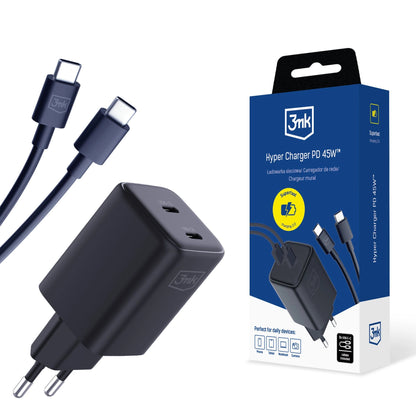 Ładowarka sieciowa 3MK HyperCharger z kablem USB-C, 45 W, 3 A, 2 x USB-C, czarna 