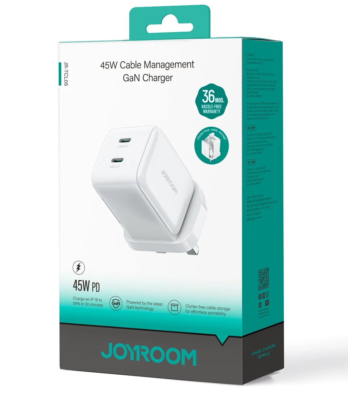 Ładowarka sieciowa z kablem USB-C Joyroom JR-TCL05, 45W, 3A, 2 x USB-C, Biała