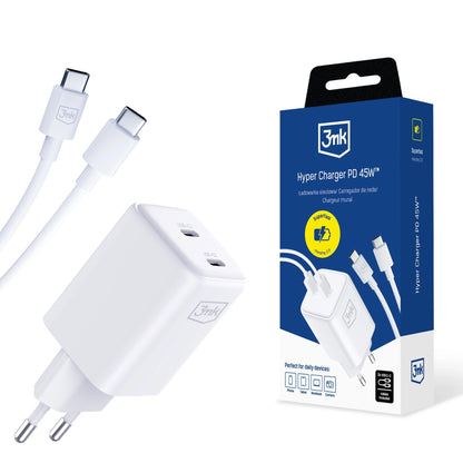 Ładowarka sieciowa 3MK HyperCharger z kablem USB-C, 45 W, 3 A, 2 x USB-C, biała 