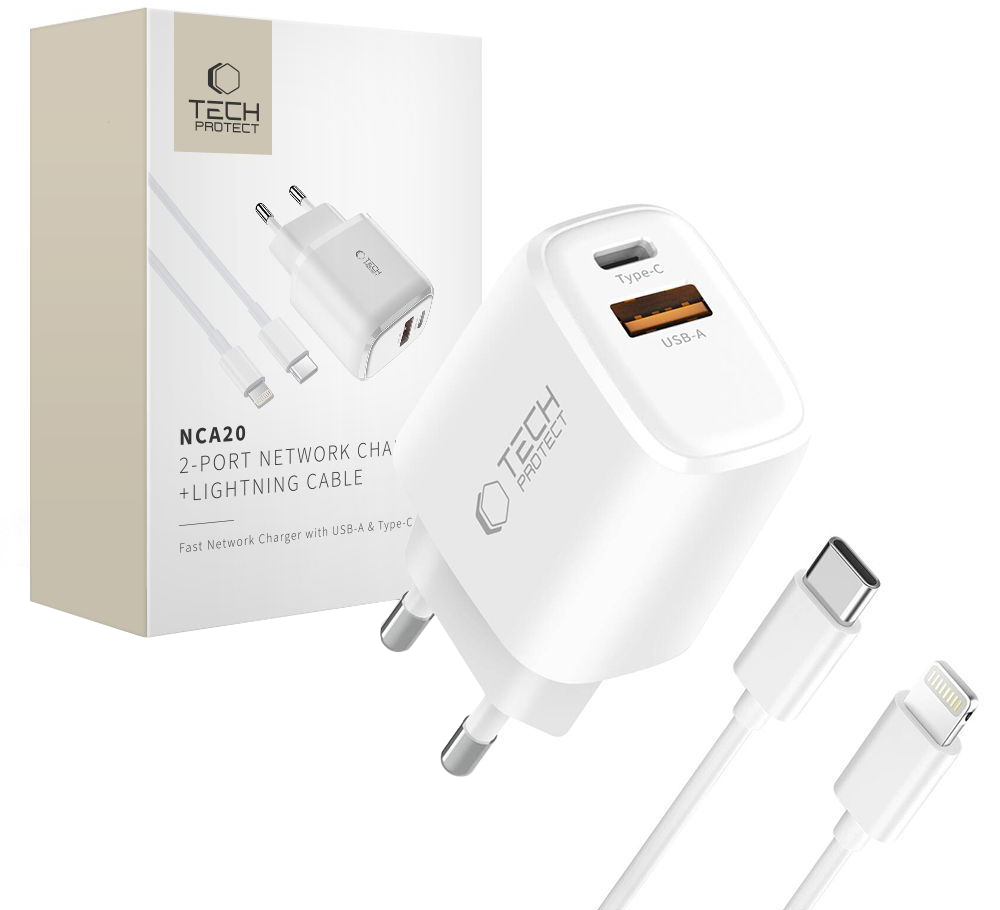 Ładowarka sieciowa z kablem Lightning Tech-Protect NCA20, 20W, 3A, 1 x USB-A - 1 x USB-C, biały