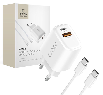 Ładowarka sieciowa z kablem USB-C Tech-Protect NCA20, 20W, 3A, 1 x USB-A - 1 x USB-C, biały