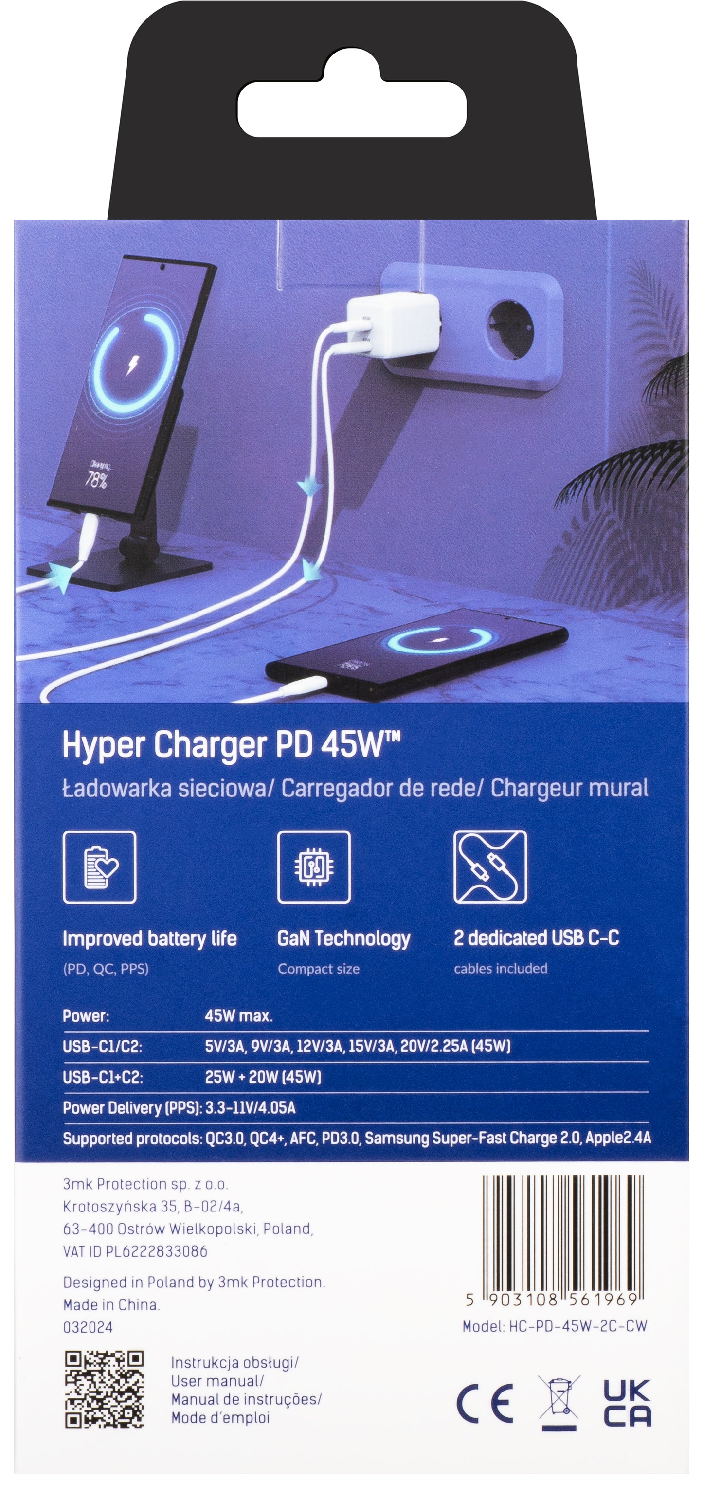 Ładowarka sieciowa 3MK HyperCharger z kablem USB-C, 45 W, 3 A, 2 x USB-C, biała 