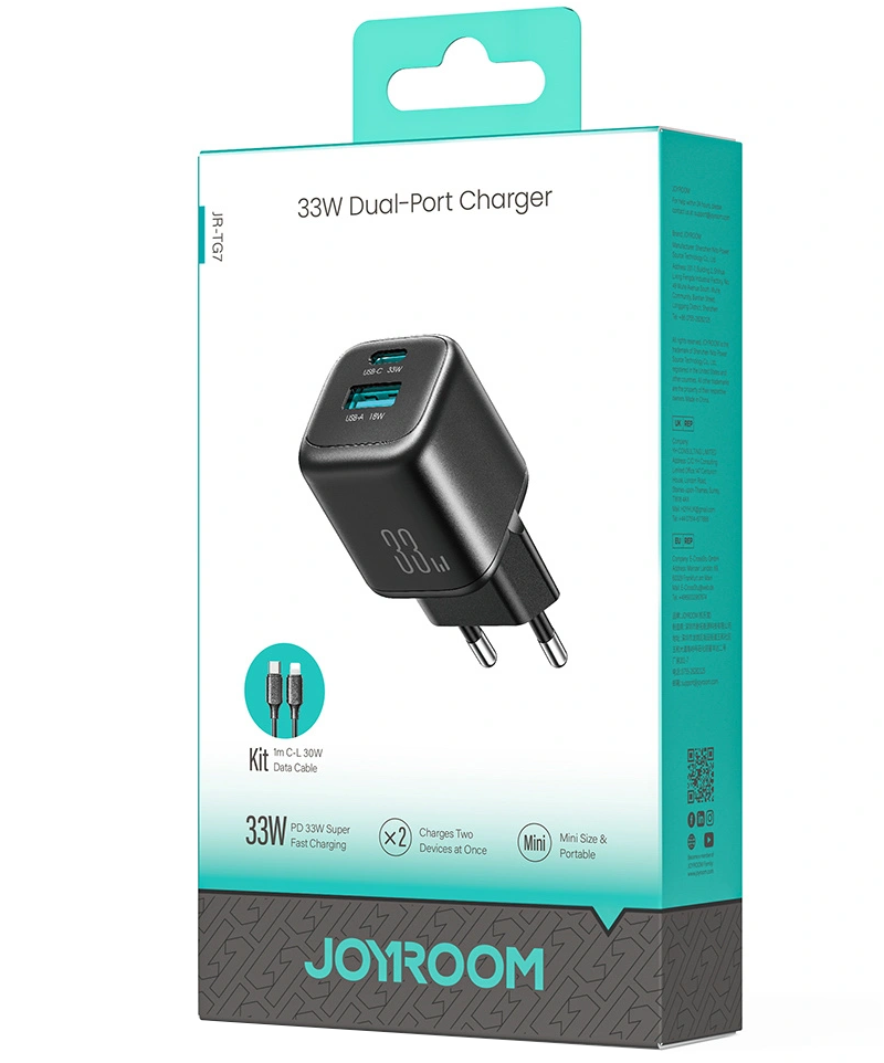 Ładowarka sieciowa z kablem Lightning Joyroom JR-TG7, 33W, 3A, 1 x USB-A - 1 x USB-C, Czarny