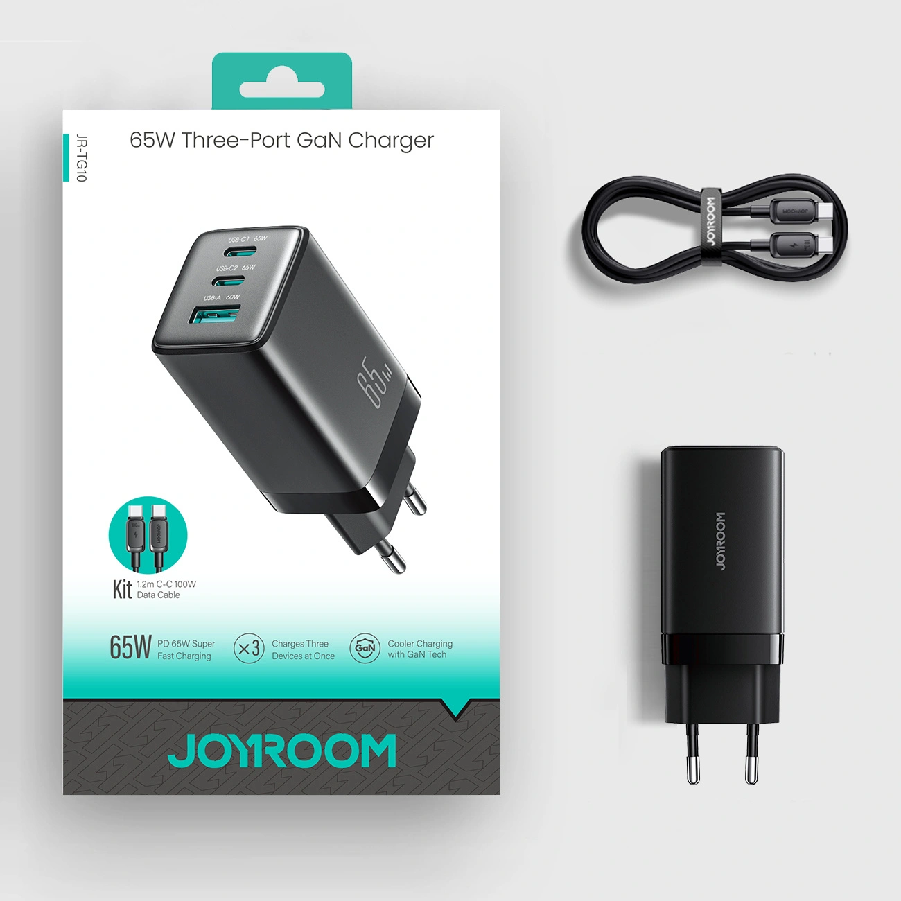 Ładowarka sieciowa z kablem USB-C Joyroom JR-TG10, 65W, 3,25A, 1 x USB-A - 2 x USB-C, czarna