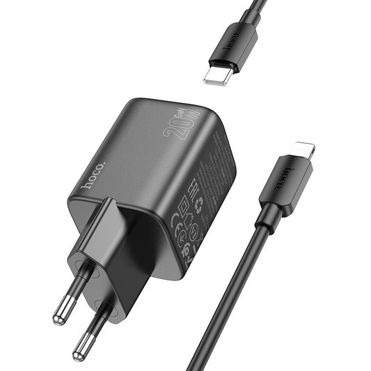 Ładowarka sieciowa z kablem Lightning HOCO N41, 20W, 3A, 1 x USB-A - 1 x USB-C, Czarny
