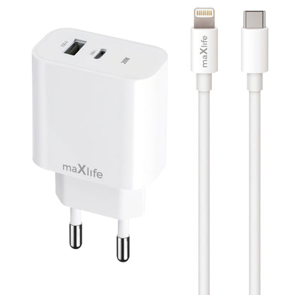 Ładowarka sieciowa MaXlife MXTC-06-20AC MaXlife MXTC-06-20AC z kablem Lightning, 20W, 3A, 1 x USB-A - 1 x USB-C, biała 