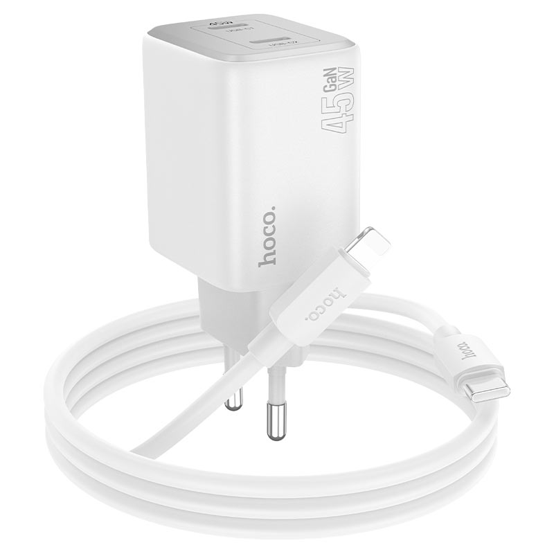 Ładowarka sieciowa z kablem Lightning HOCO N42, 45W, 3A, 2 x USB-C, biała 