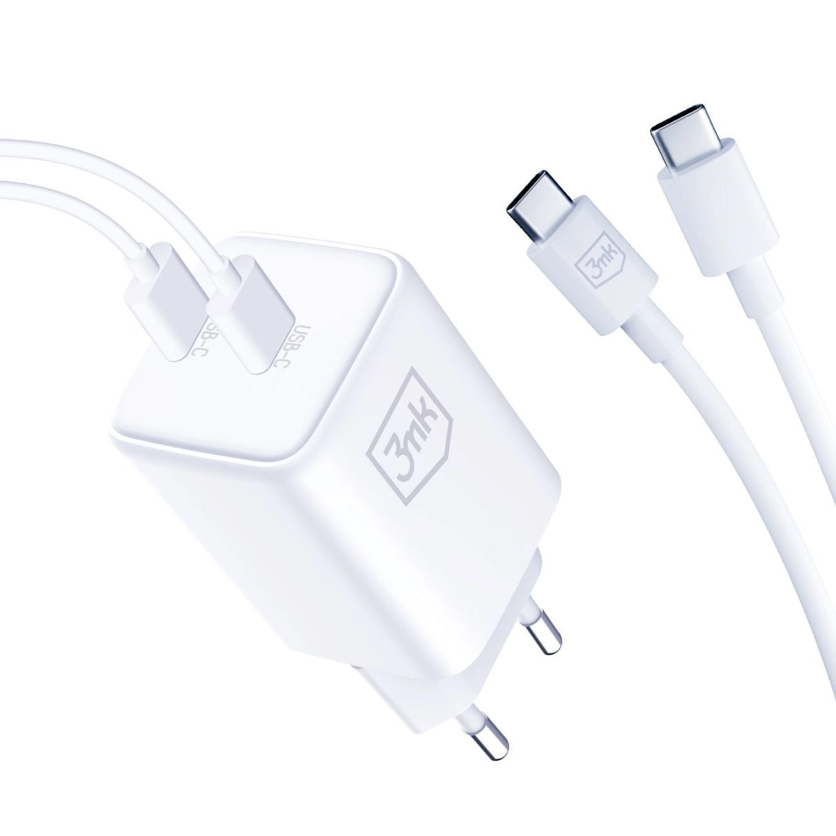 Ładowarka sieciowa 3MK HyperCharger z kablem USB-C, 45 W, 3 A, 2 x USB-C, biała 