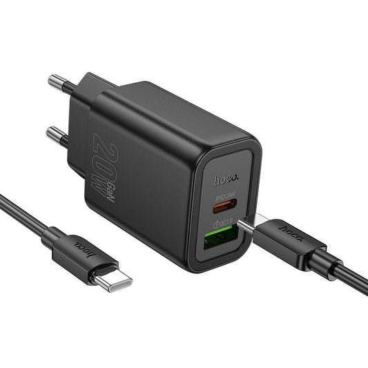 Ładowarka sieciowa z kablem Lightning HOCO N61, 20W, 3A, 1 x USB-A - 1 x USB-C, Czarny