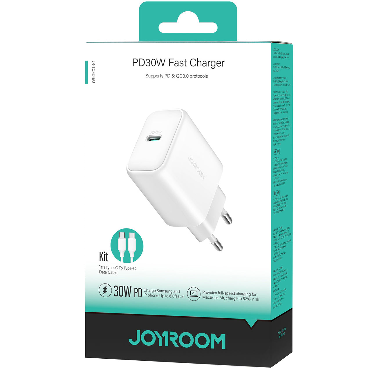 Ładowarka sieciowa z kablem USB-C Joyroom JR-TCF24, 30W, 3A, 1 x USB-C, Biała