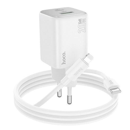 Ładowarka sieciowa z kablem Lightning HOCO N41, 20W, 3A, 1 x USB-A - 1 x USB-C, Biała