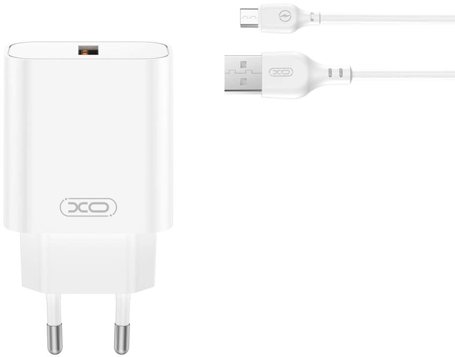 Ładowarka sieciowa z kablem microUSB XO Design CE33, 18W, 3A, 1 x USB-A, Biała