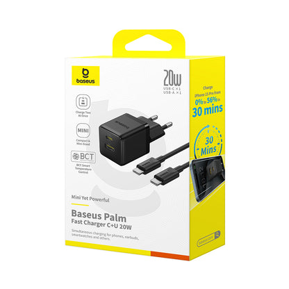 Baseus Palm USB-C Network Charger with Cable, 20W, 3A, 1 x USB-A - 1 x USB-C, Black P10111608113-01