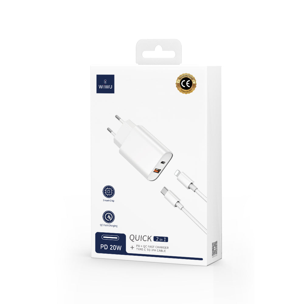 Ładowarka sieciowa z kablem Lightning WiWu Wi-U002, 20W, 3A, 1 x USB-A - 1 x USB-C, Czarny