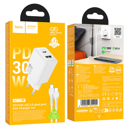 Ładowarka sieciowa z kablem USB-C HOCO N71, 30W, 3A, 1 x USB-A - 1 x USB-C, Biała