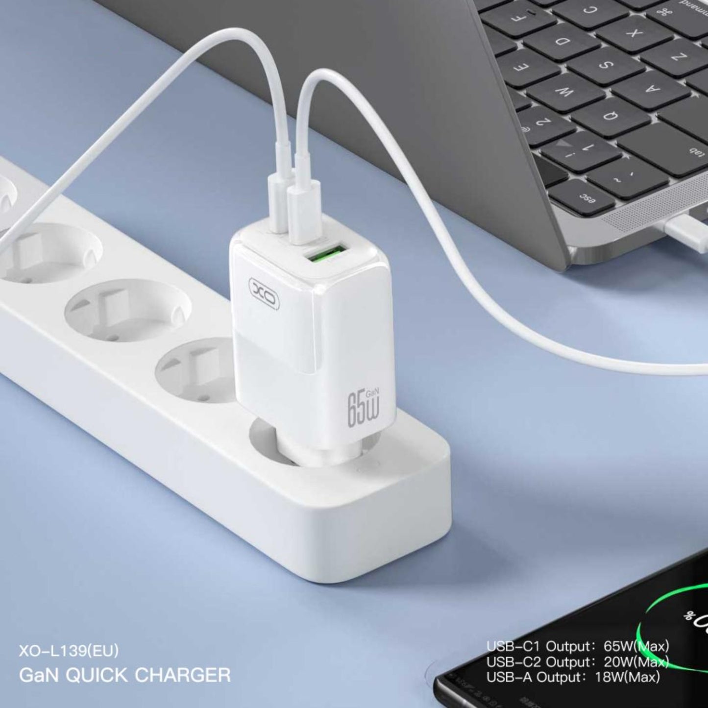 Ładowarka sieciowa z kablem USB-C XO Design L139, 65W, 4.5A, 1 x USB-A - 2 x USB-C, Biała