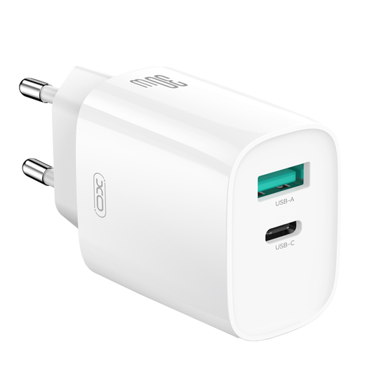 Ładowarka sieciowa z kablem Lightning XO Design CE30, 30W, 3A, 1 x USB-A - 1 x USB-C, Biała