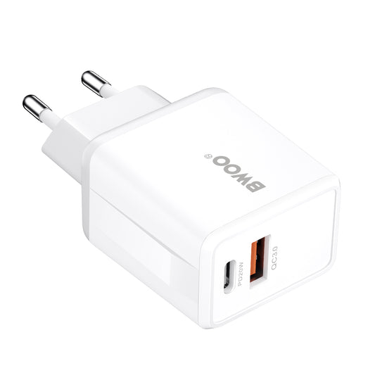 Ładowarka sieciowa z kablem USB-C BWOO CDA182, 38W, 3A, 1 x USB-A - 1 x USB-C, Biała