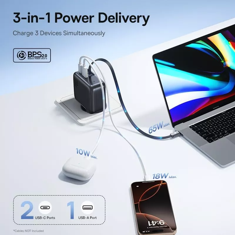 Ładowarka sieciowa z kablem USB-C Baseus EnerCore CJ11, 100W, 1 x USB-A - 2 x USB-C, Czarny E0120M00