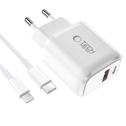 Ładowarka sieciowa z kablem Lightning Tech-Protect NCA20, 20W, 3A, 1 x USB-A - 1 x USB-C, biały