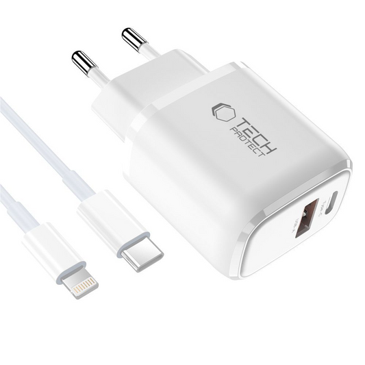 Ładowarka sieciowa z kablem Lightning Tech-Protect NCA20, 20W, 3A, 1 x USB-A - 1 x USB-C, biały