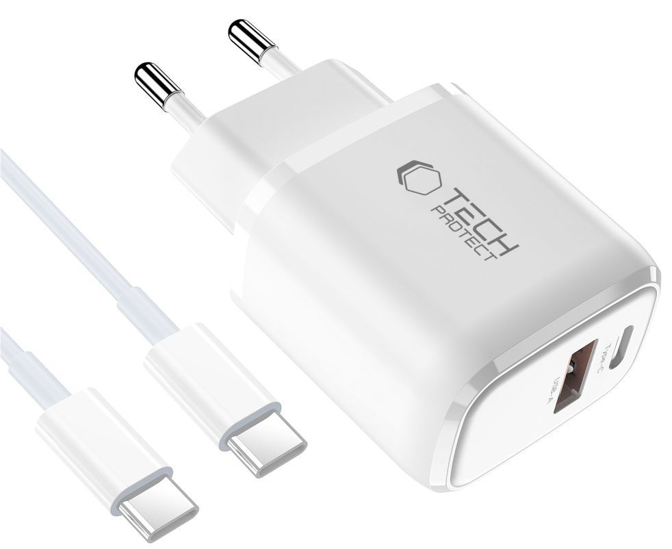 Ładowarka sieciowa z kablem USB-C Tech-Protect NCA20, 20W, 3A, 1 x USB-A - 1 x USB-C, biały